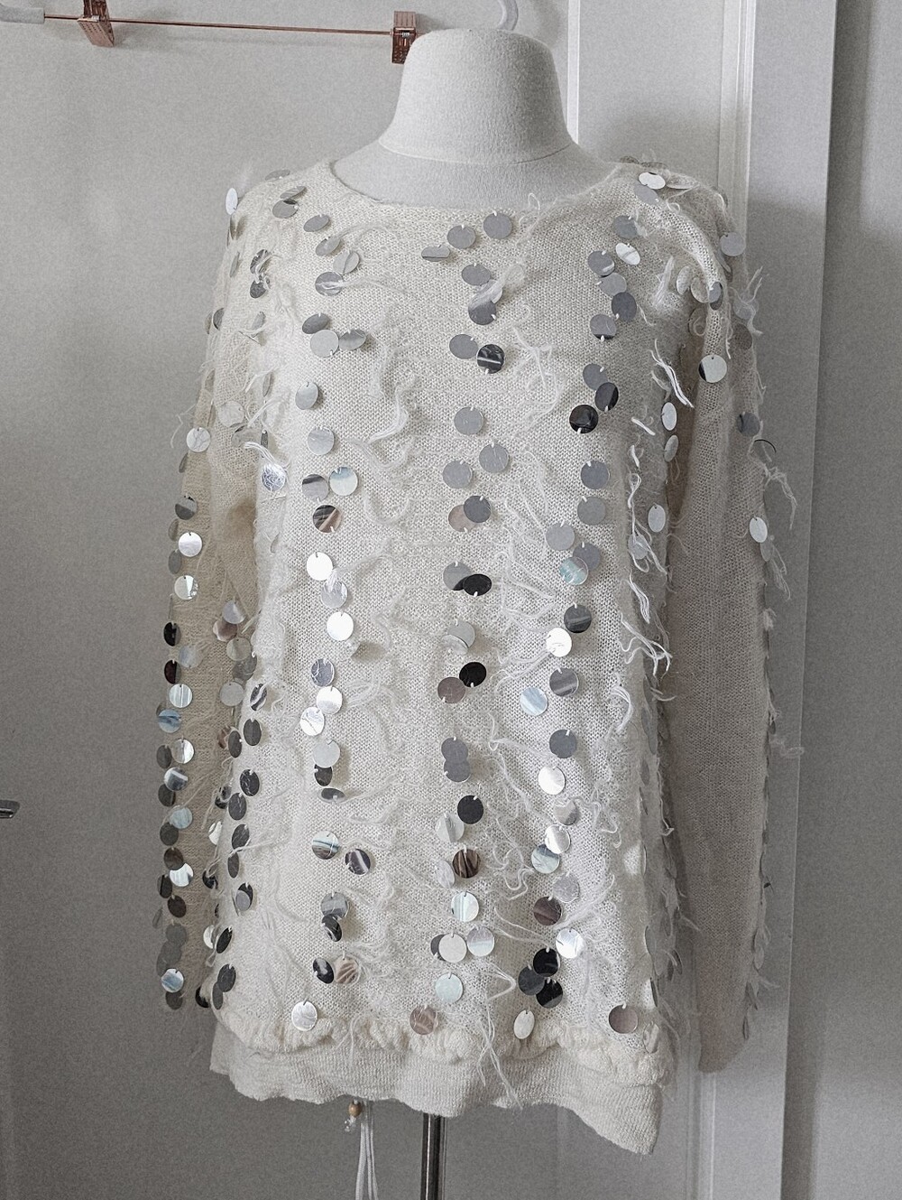 White Frayed Knit Sweater With Silver Sequins